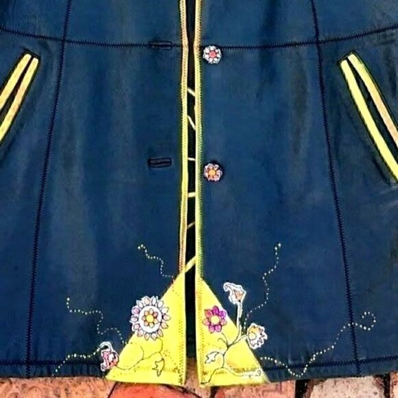 Vintage black leather coat; hand painted fiber art, sunflower sz M - Picture 11 of 16